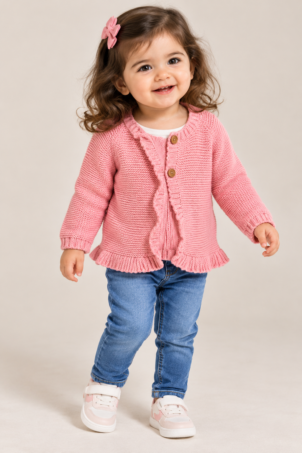 NEXT Baby Girls Pink Knitted Cardigan in UK Size 1–2 Years. Features two-button fastening, long sleeves and a cute ruffle hem. Shop online now!