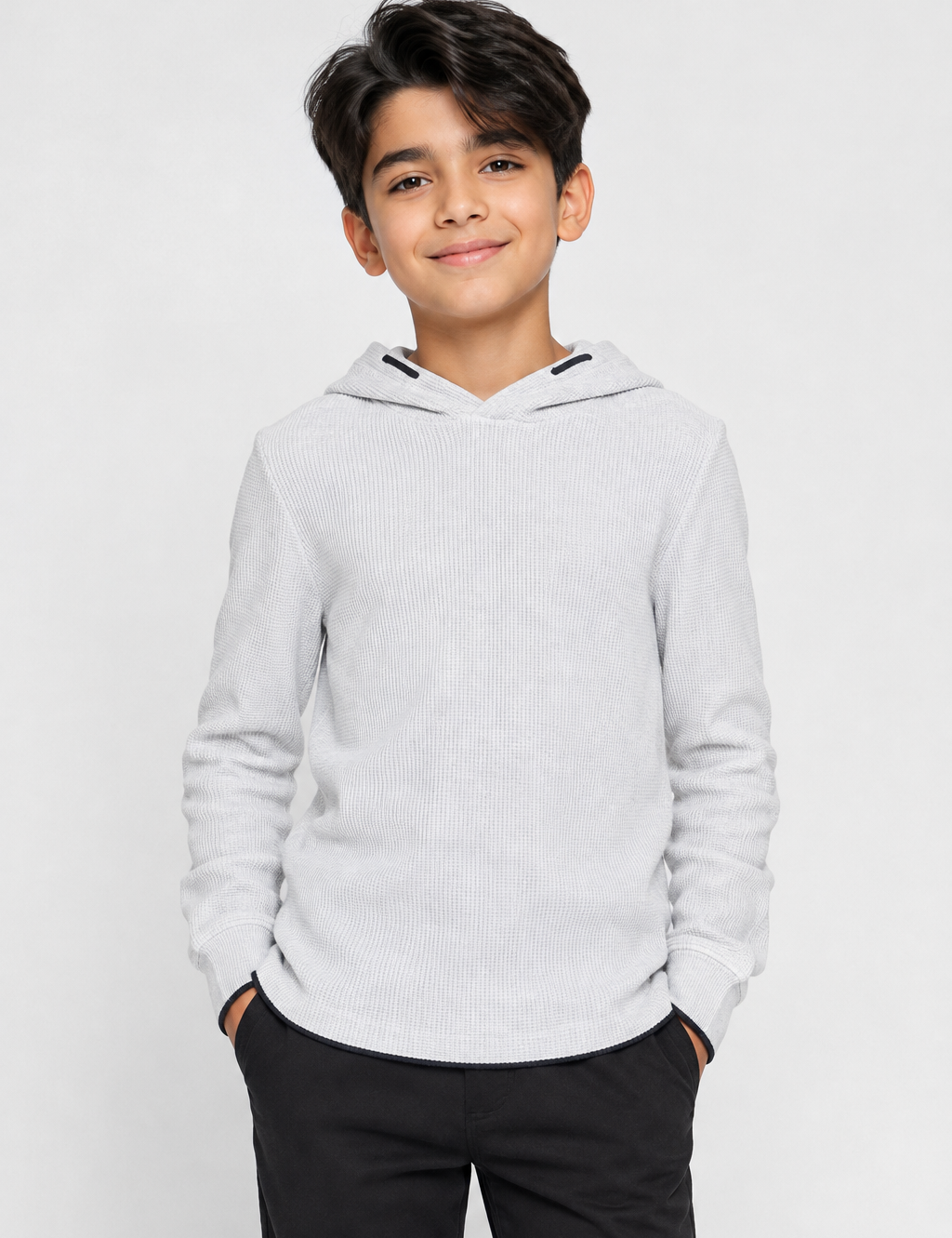  NEXT Boys’ Light Grey Textured Hooded Jumper in UK 11 Years. Stylish long-sleeve knit hoodie with a comfortable design, perfect for casual everyday wear.