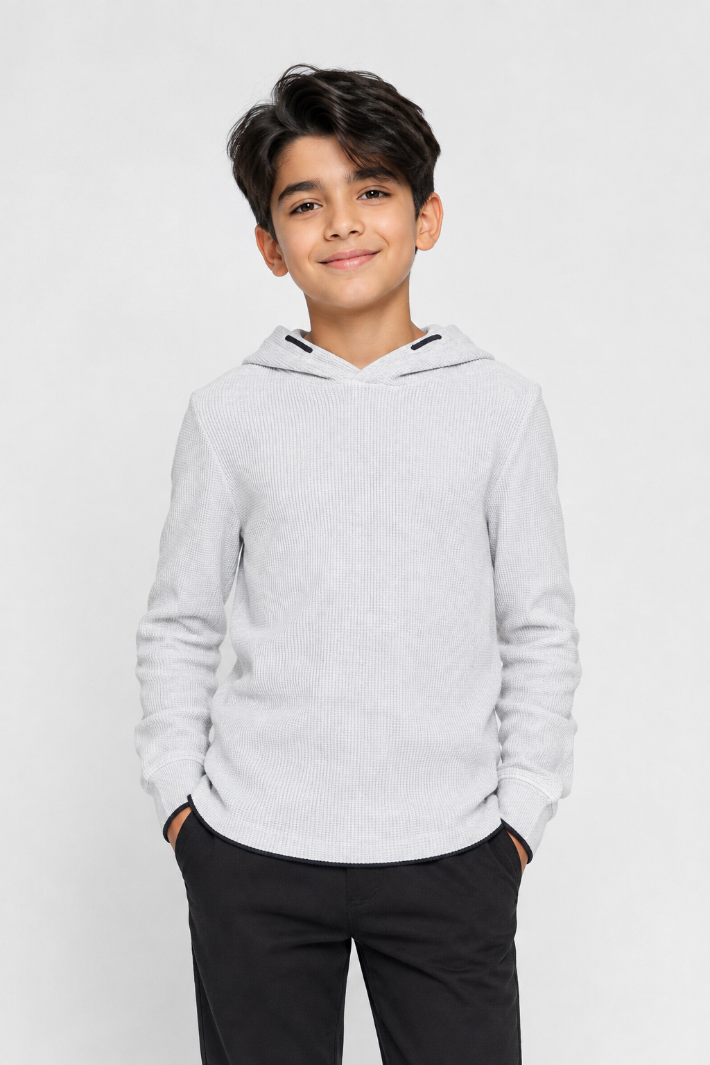  NEXT Boys’ Light Grey Textured Hooded Jumper in UK 11 Years. Stylish long-sleeve knit hoodie with a comfortable design, perfect for casual everyday wear.