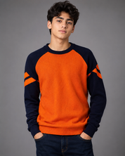 Next Boys Orange & Navy Knit Sweater featuring a stylish color block design, crew neck, and soft knit fabric. UK handpicked quality boys jumper for winter and casual wear.