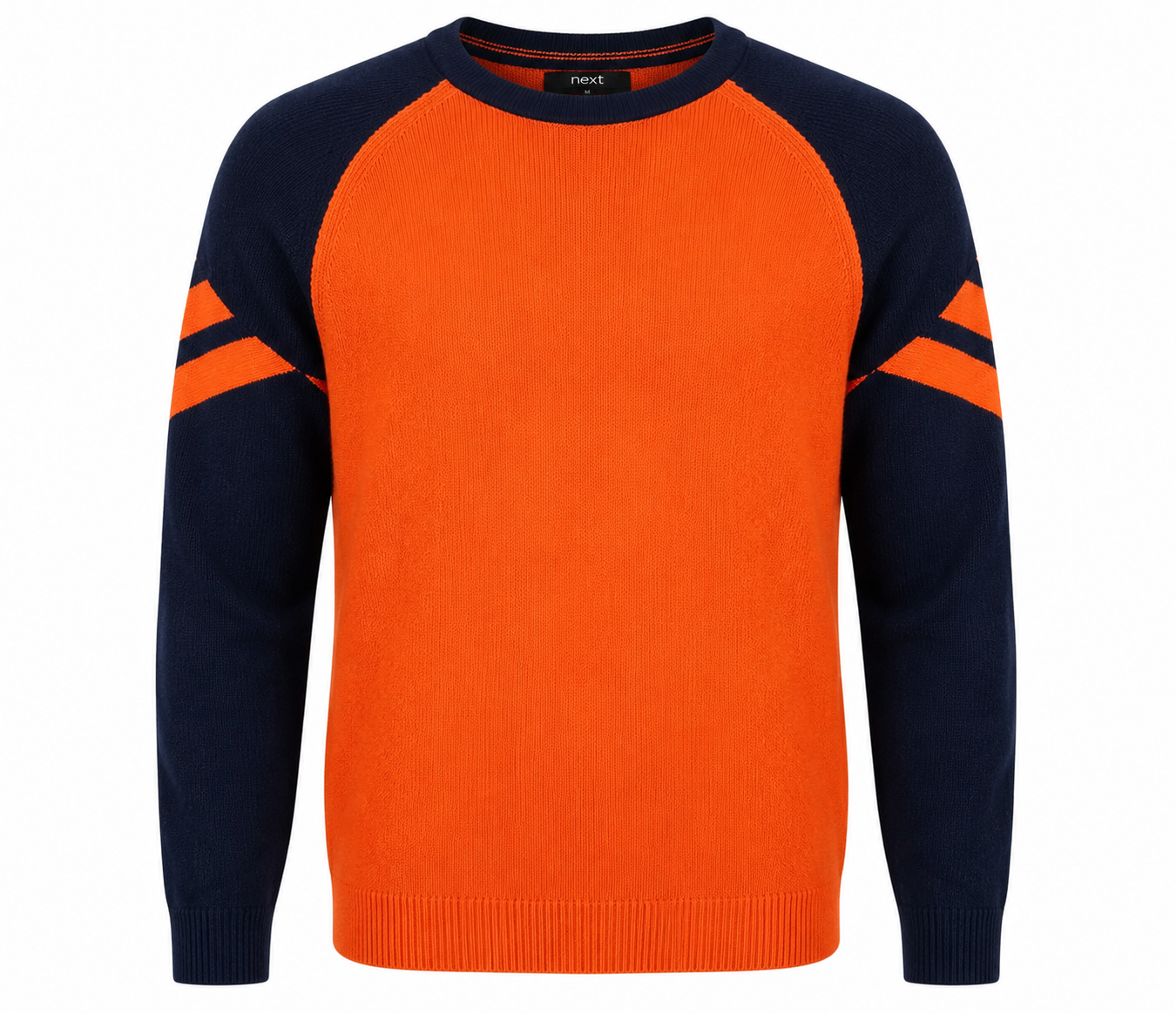 Next Boys Orange & Navy Knit Sweater featuring a stylish color block design, crew neck, and soft knit fabric. UK handpicked quality boys jumper for winter and casual wear.