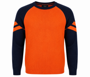 Next Boys Orange & Navy Knit Sweater featuring a stylish color block design, crew neck, and soft knit fabric. UK handpicked quality boys jumper for winter and casual wear.