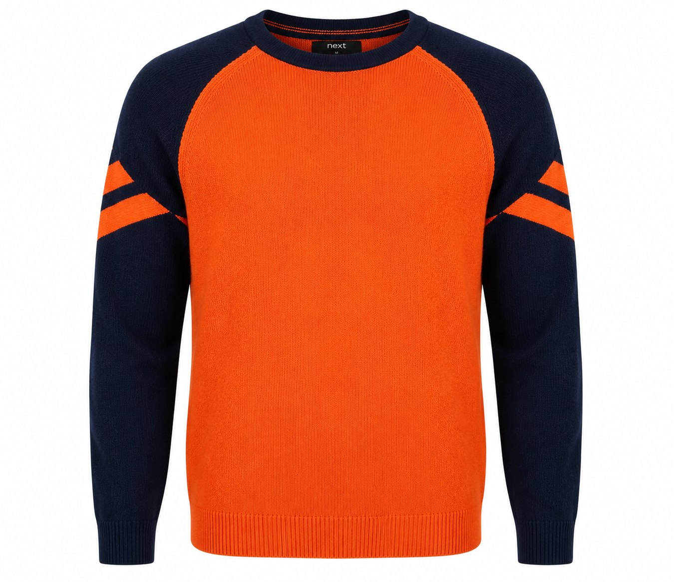 Next Boys Orange & Navy Knit Sweater featuring a stylish color block design, crew neck, and soft knit fabric. UK handpicked quality boys jumper for winter and casual wear.