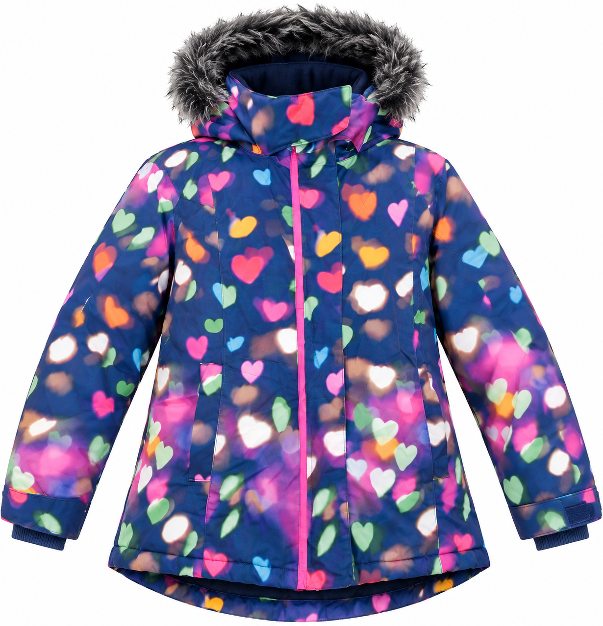  Next girls heart print padded winter jacket in UK size 9-10 years. Warm hooded design with faux-fur trim, colourful print and front pockets.