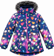  Next girls heart print padded winter jacket in UK size 9-10 years. Warm hooded design with faux-fur trim, colourful print and front pockets.
