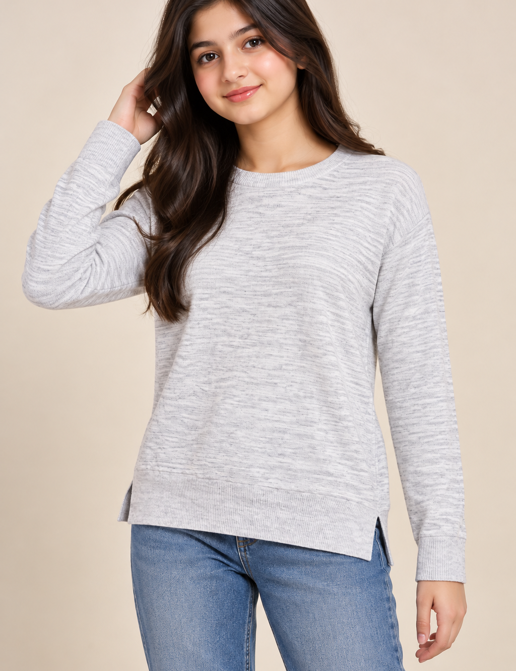  NEXT light grey marl crew neck jumper in UK Size 10. Features long sleeves, ribbed trims and stylish side slits for comfortable everyday wear.