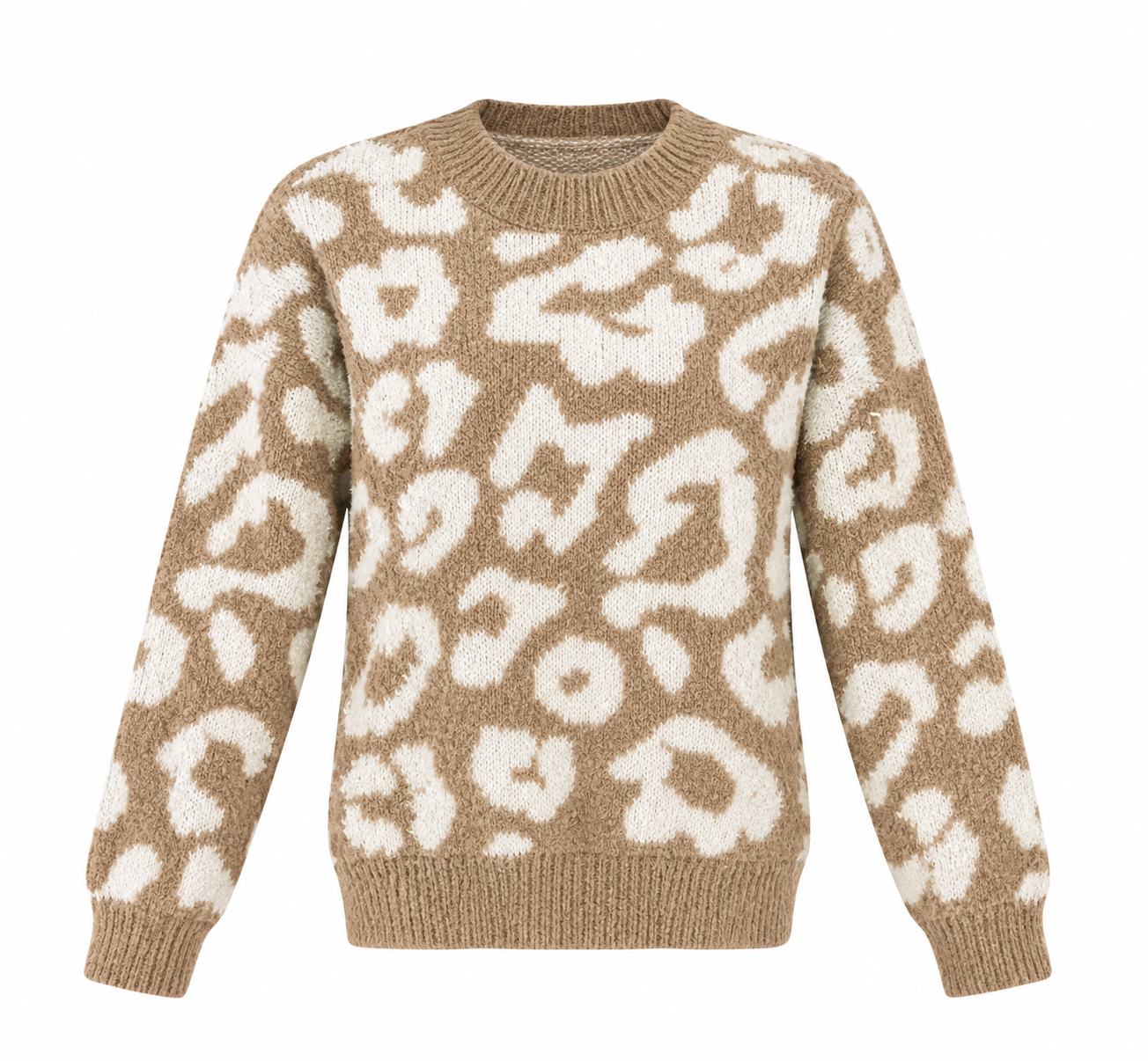  the Next Girls’ Beige & Cream Leopard Print Knitted Jumper, UK size 8–9 years. Cozy long-sleeve sweater with stylish pattern and ribbed detailing.