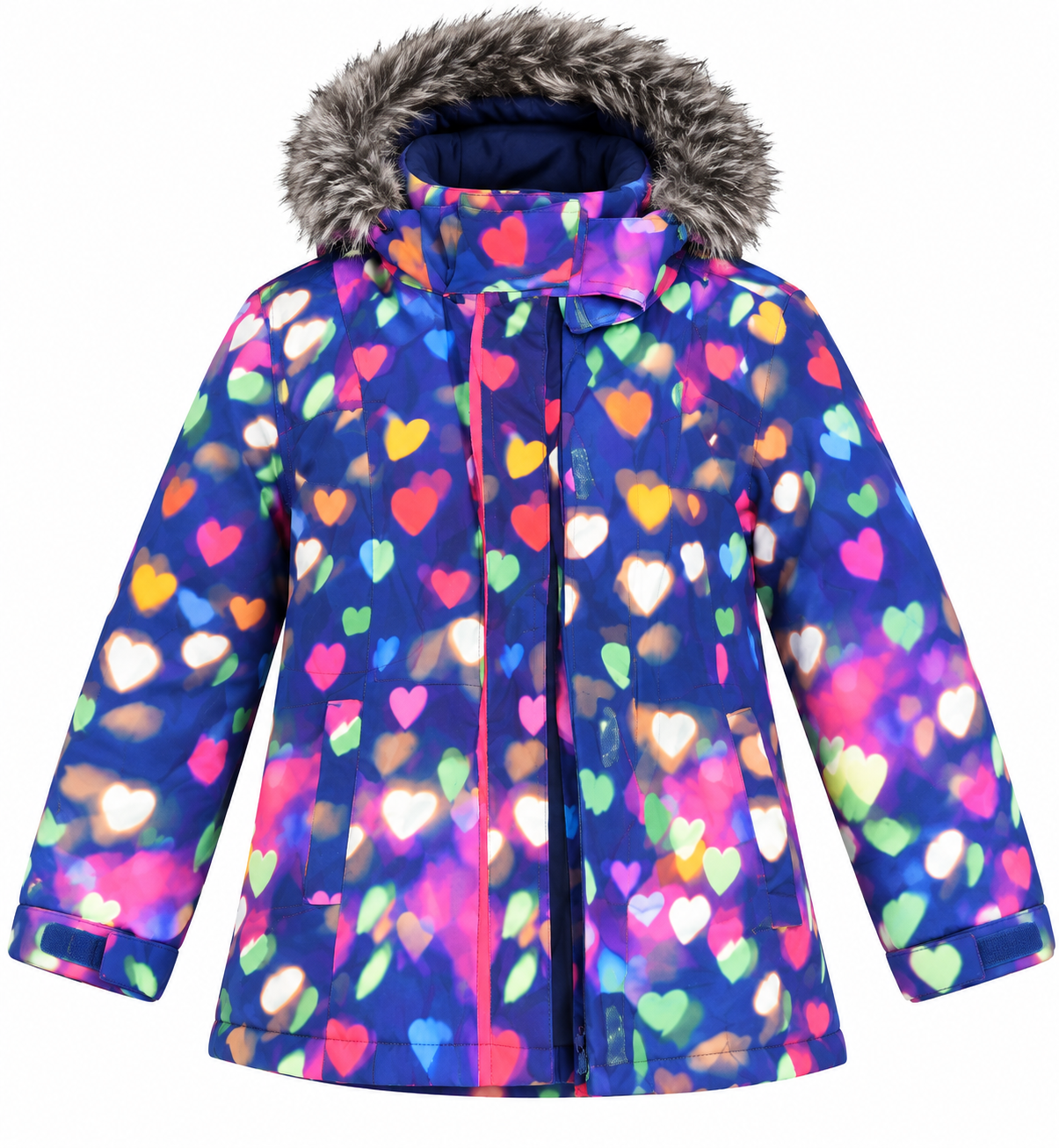  Next girls multicolour heart print hooded winter jacket in UK size 9-10 years. Warm, colourful and stylish outerwear for everyday winter wear.
