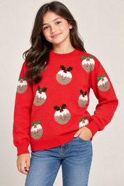 NEXT Girls Red Christmas Pudding Knitted Jumper, UK 11–12 Years. Cute festive sweater with holly details, perfect for Christmas and winter outfits.