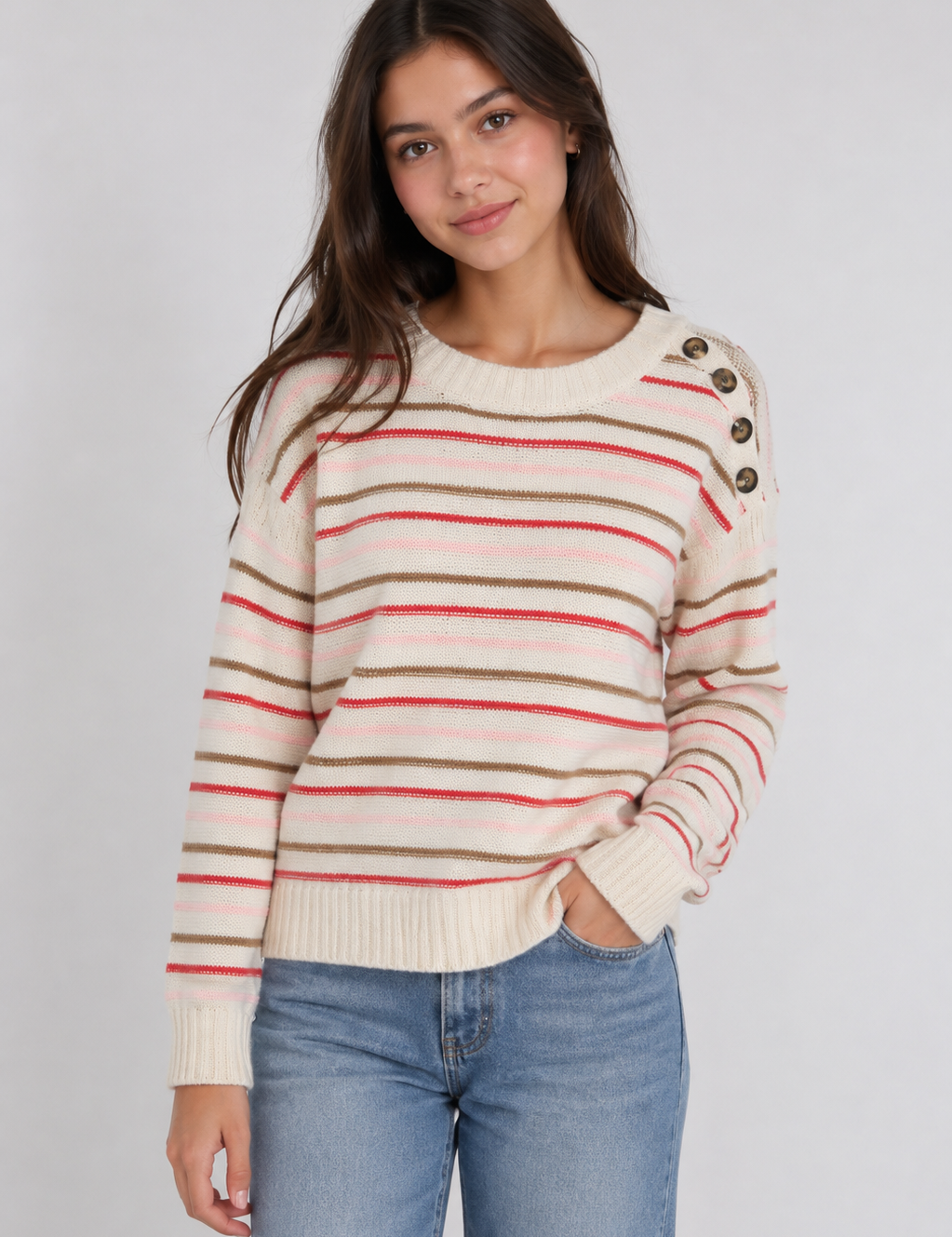 NEXT girls' striped knit sweater in UK Size XS, featuring a cream base, pink, red and brown stripes, long sleeves and stylish shoulder button detailing.