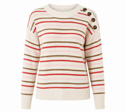 NEXT girls' striped knit sweater in UK Size XS, featuring a cream base, pink, red and brown stripes, long sleeves and stylish shoulder button detailing.