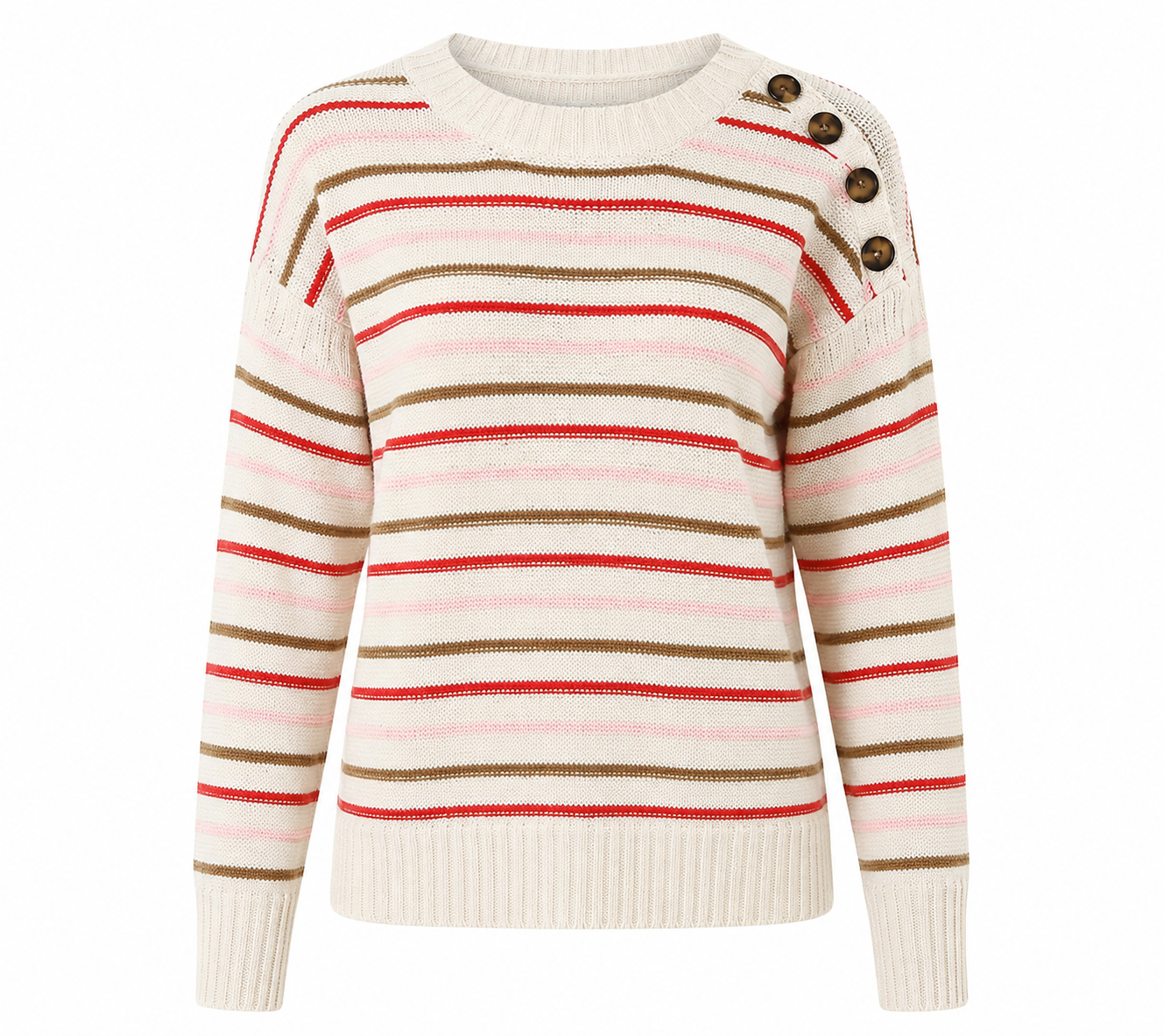 NEXT girls' striped knit sweater in UK Size XS, featuring a cream base, pink, red and brown stripes, long sleeves and stylish shoulder button detailing.