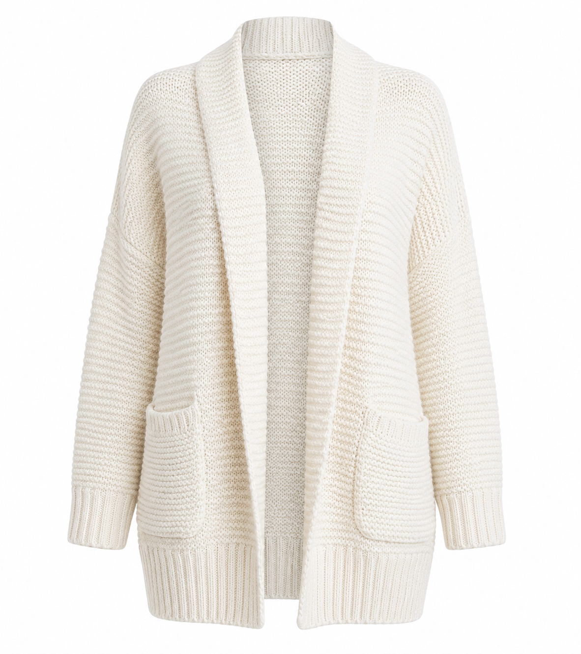 Next ivory chunky knit cardigan in UK size M, featuring a cosy textured knit, open front, shawl collar, long sleeves and practical patch pockets. Perfect for layering.