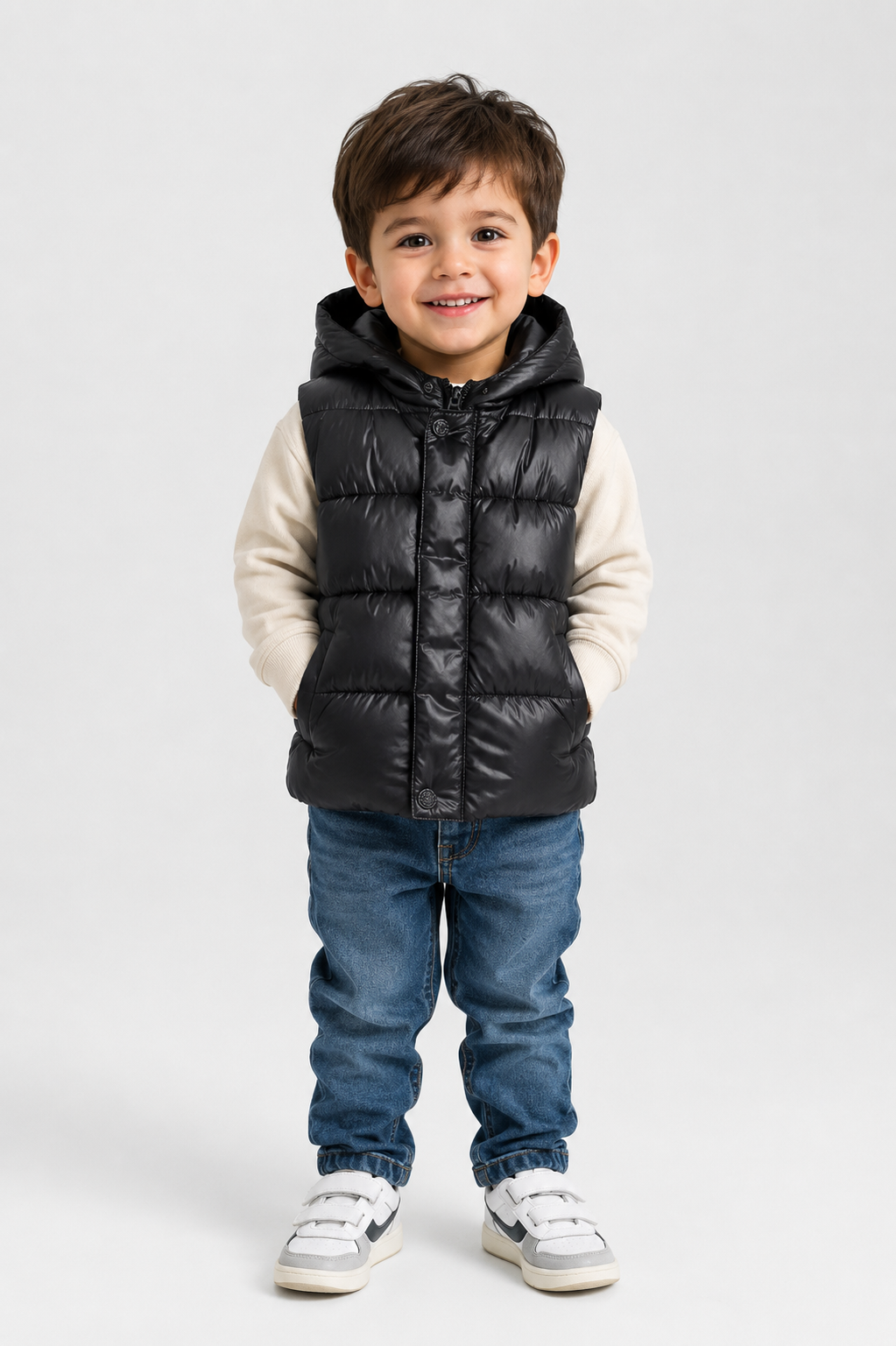 Next Kids black hooded puffer gilet, UK 3–4 years. Quilted padded sleeveless bodywarmer with hood and pockets, ideal for winter layering.