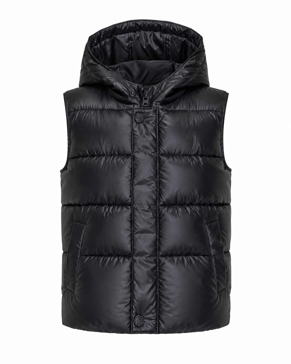 Next Kids black hooded puffer gilet, UK 3–4 years. Quilted padded sleeveless bodywarmer with hood and pockets, ideal for winter layering.