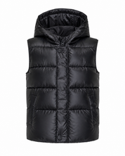 Next Kids black hooded puffer gilet, UK 3–4 years. Quilted padded sleeveless bodywarmer with hood and pockets, ideal for winter layering.