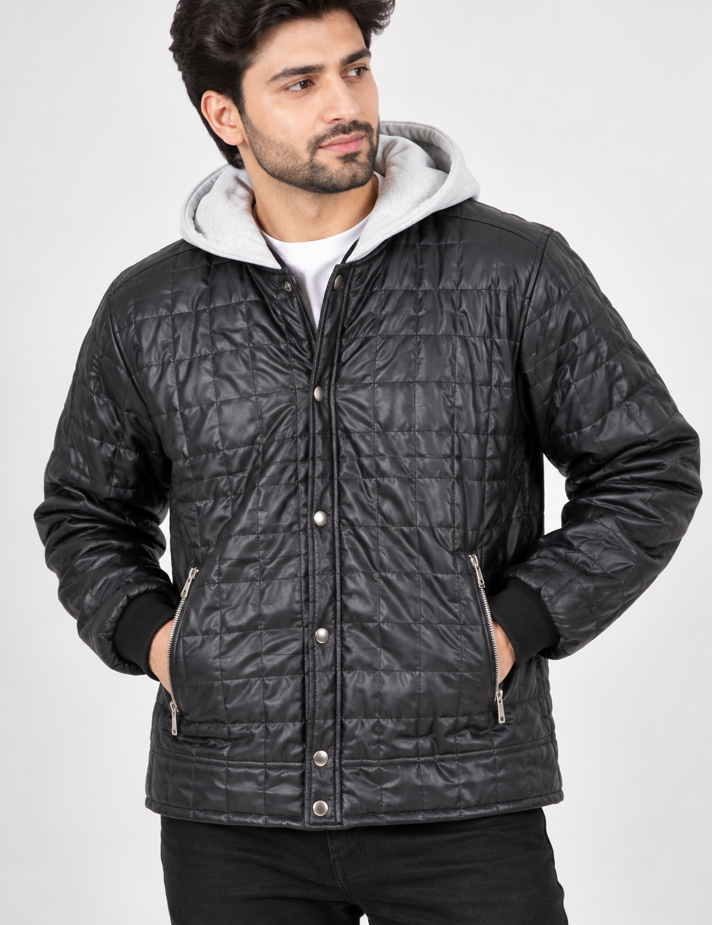 NEXT Men’s Black Quilted Hooded Jacket in UK Size XL. Stylish padded design with grey hood, zip pockets and ribbed cuffs. Ideal for everyday wear.