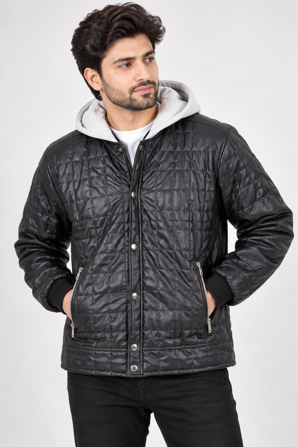 NEXT Men’s Black Quilted Hooded Jacket in UK Size XL. Stylish padded design with grey hood, zip pockets and ribbed cuffs. Ideal for everyday wear.