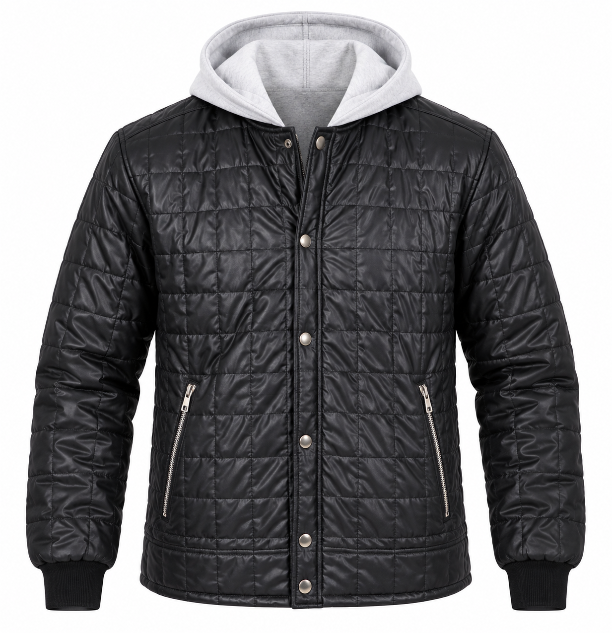 NEXT Men’s Black Quilted Hooded Jacket in UK Size XL. Stylish padded design with grey hood, zip pockets and ribbed cuffs. Ideal for everyday wear.
