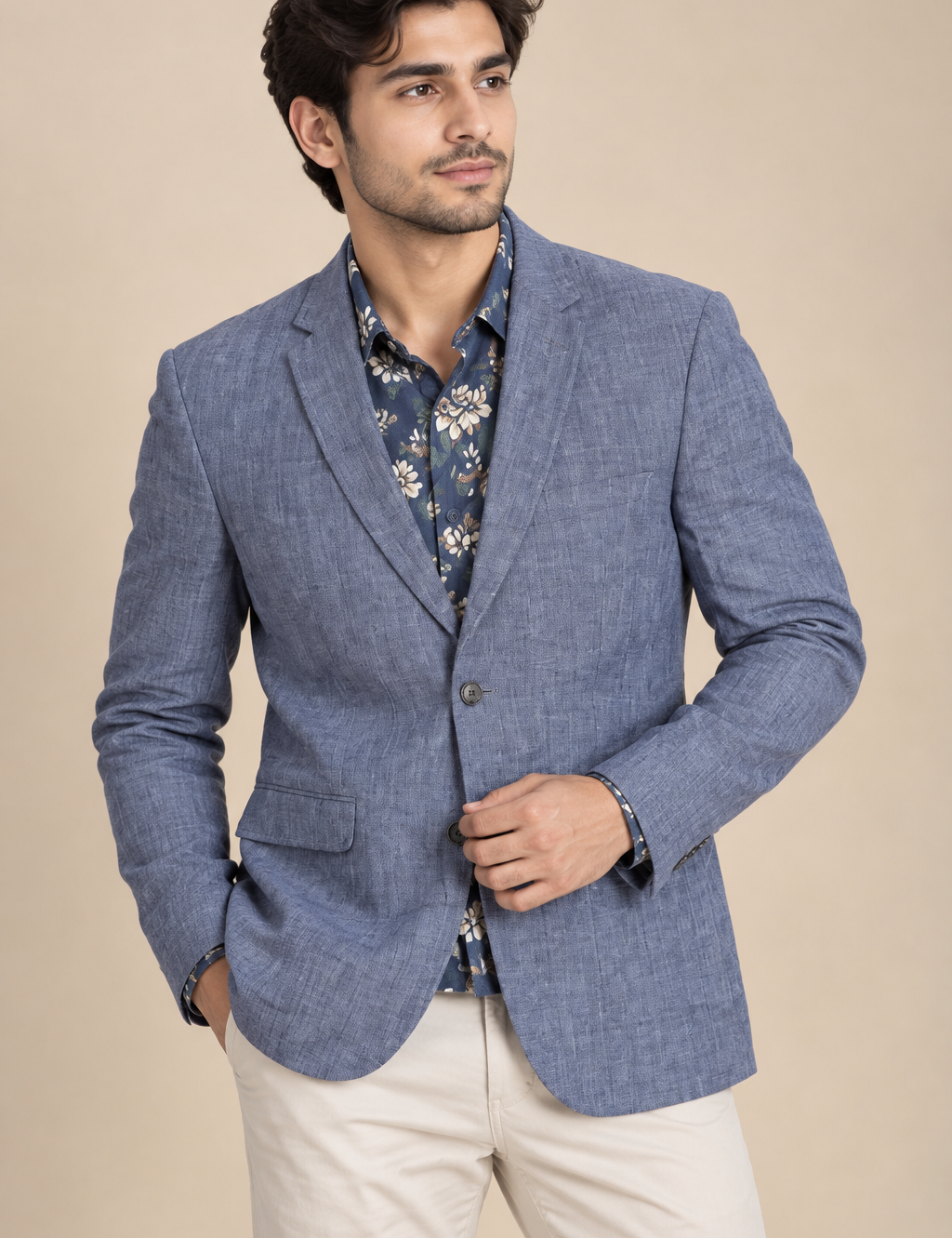 original NEXT men's blue textured blazer with floral lining. A stylish tailored jacket for formal and smart-casual wear. UK Size [Add Size].