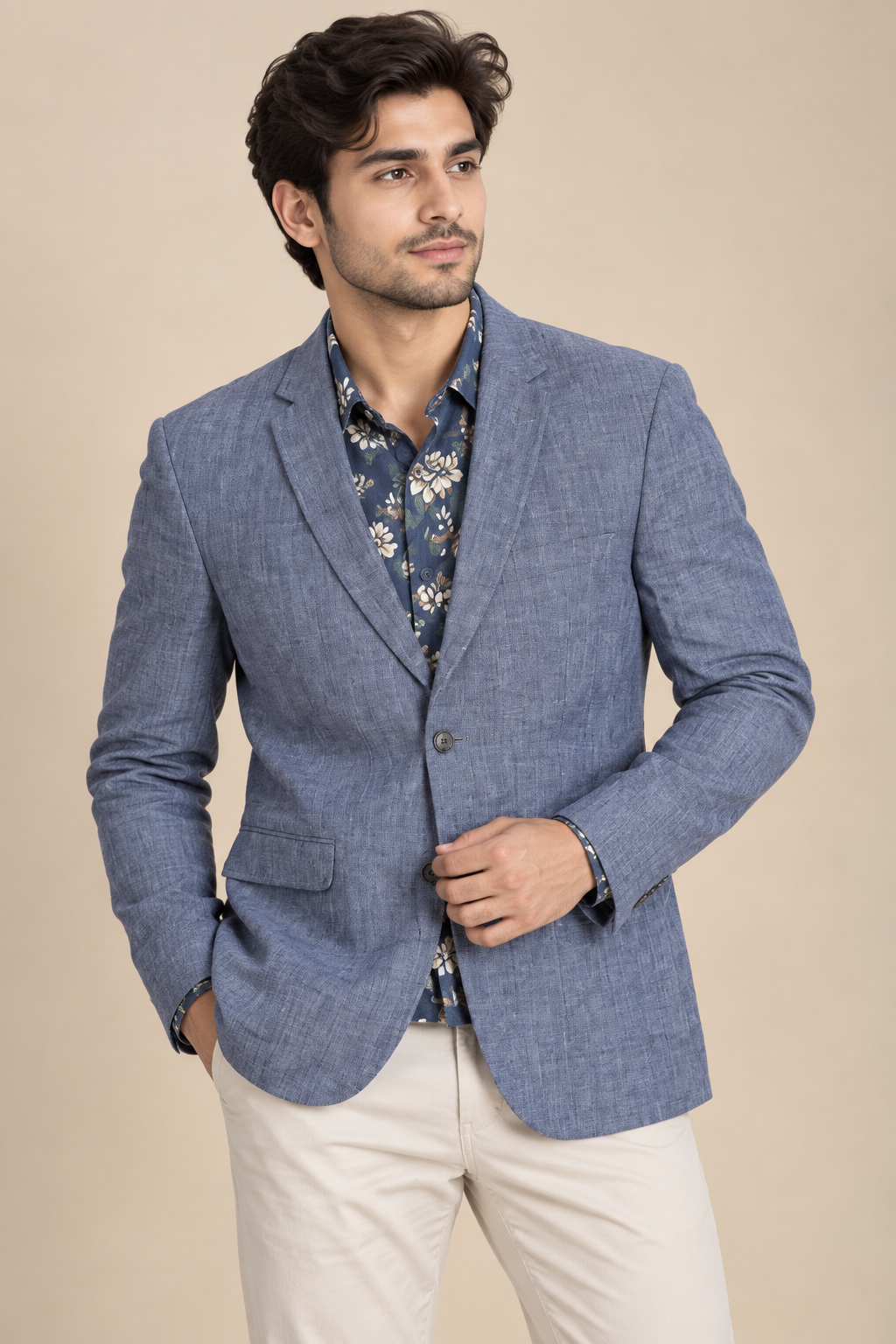original NEXT men's blue textured blazer with floral lining. A stylish tailored jacket for formal and smart-casual wear. UK Size [Add Size].