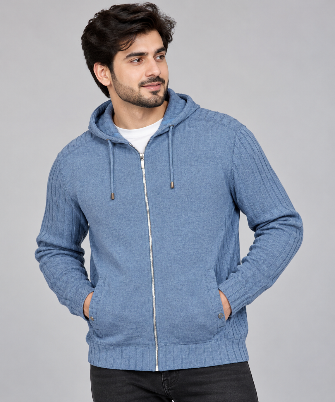 NEXT Men's Blue Full Zip Hooded Knit Jumper in UK Size XL. Stylish textured sleeves, drawstring hood, ribbed cuffs and comfortable casual fit.