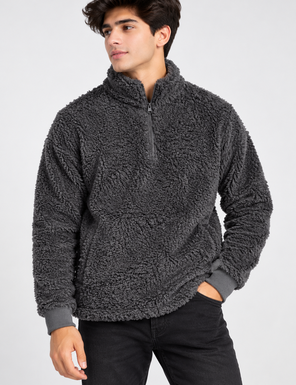 NEXT Men’s Charcoal Grey Sherpa Fleece Pullover in UK Size L. Soft, warm half-zip teddy fleece with a high neck, perfect for winter casual wear.
