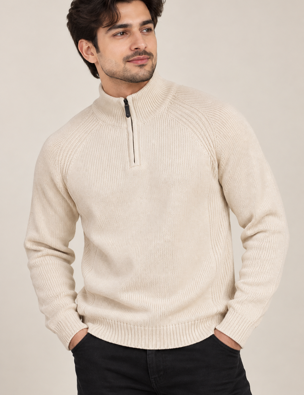  Next men’s cream quarter-zip knit jumper in UK Size L. A stylish long-sleeve knitted pullover with ribbed detailing, ideal for autumn and winter.