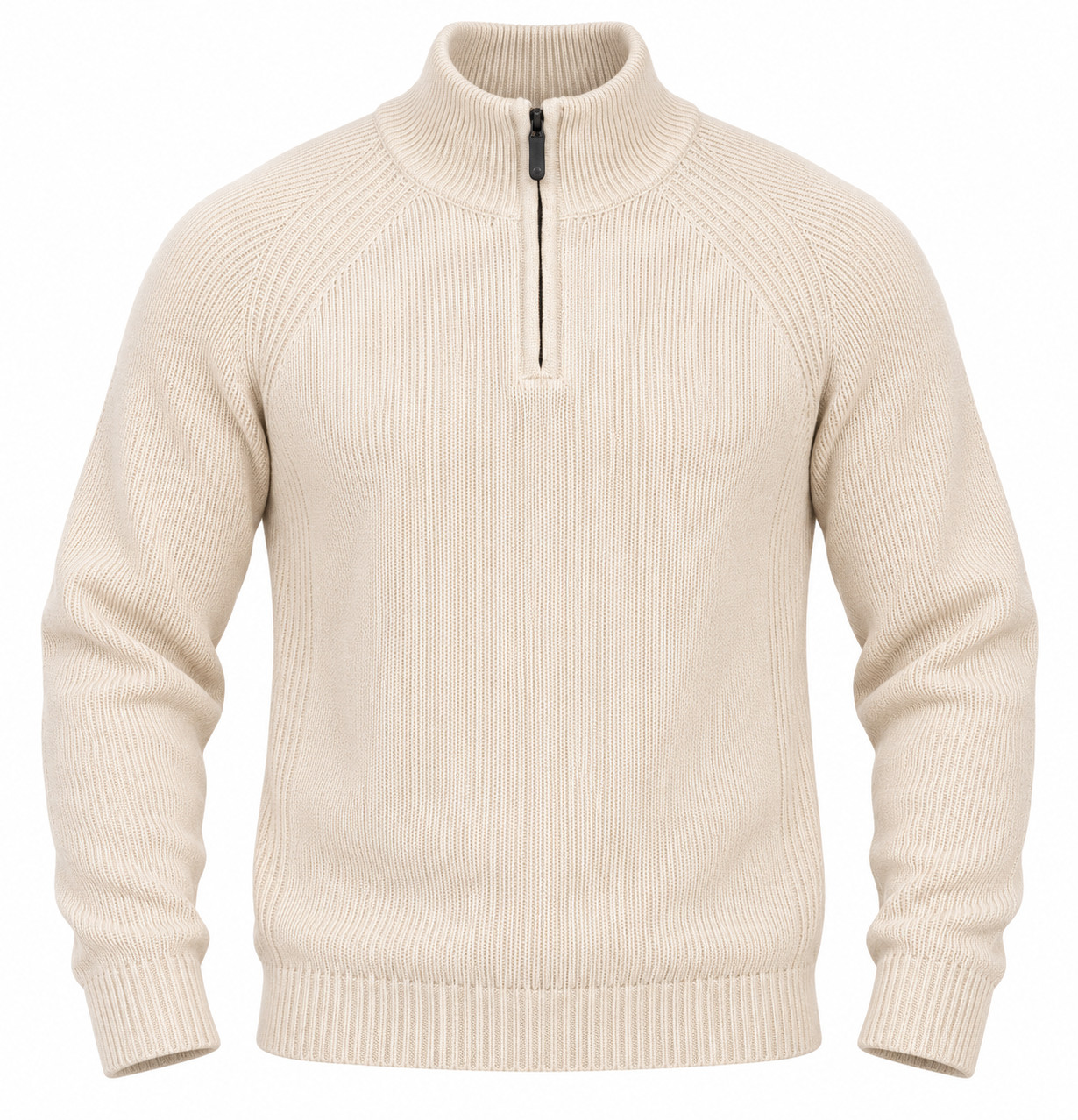  Next men’s cream quarter-zip knit jumper in UK Size L. A stylish long-sleeve knitted pullover with ribbed detailing, ideal for autumn and winter.