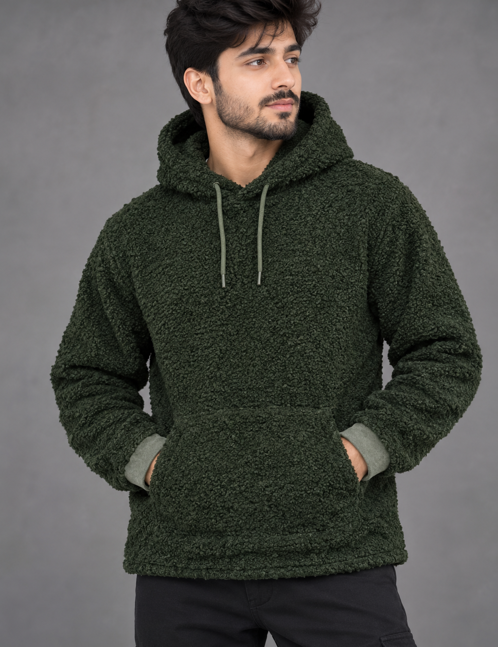 NEXT Men’s Dark Green Sherpa Fleece Hoodie in UK XL. Soft teddy fleece, drawstring hood, kangaroo pocket and comfortable casual fit, ideal for winter wear.