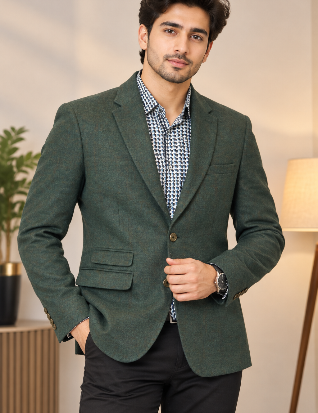 NEXT Men’s Forest Green Tailored Blazer in UK Size L. A sophisticated smart jacket with classic lapels and patterned lining for formal and casual wear.