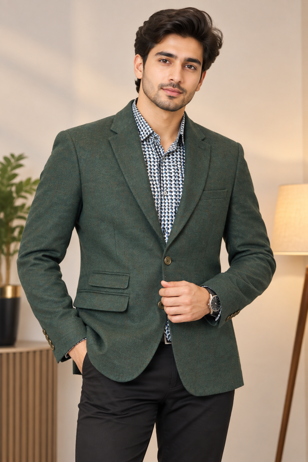 NEXT Men’s Forest Green Tailored Blazer in UK Size L. A sophisticated smart jacket with classic lapels and patterned lining for formal and casual wear.