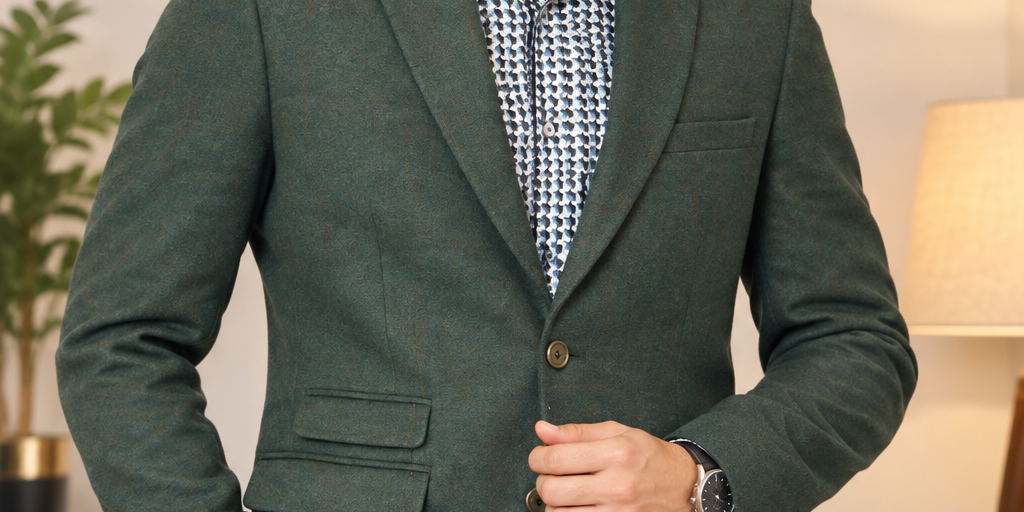 NEXT Men’s Forest Green Tailored Blazer in UK Size L. A sophisticated smart jacket with classic lapels and patterned lining for formal and casual wear.