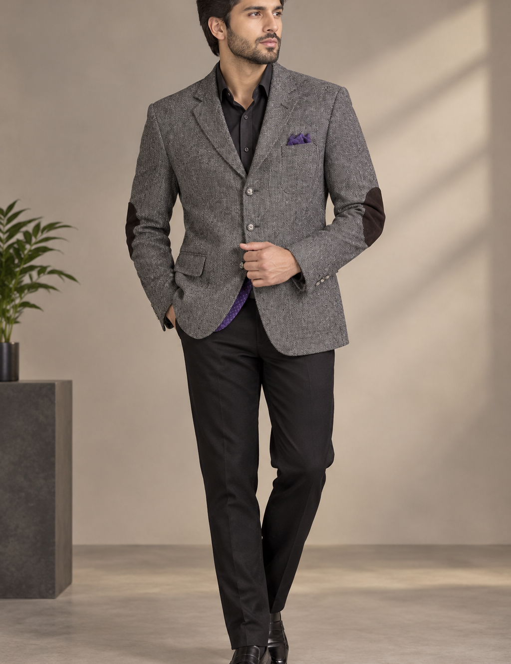 NEXT Men’s Grey Tweed Blazer in UK 2XL. Classic textured design with purple lining, elbow patches and smart tailored styling for formal and casual occasions.
