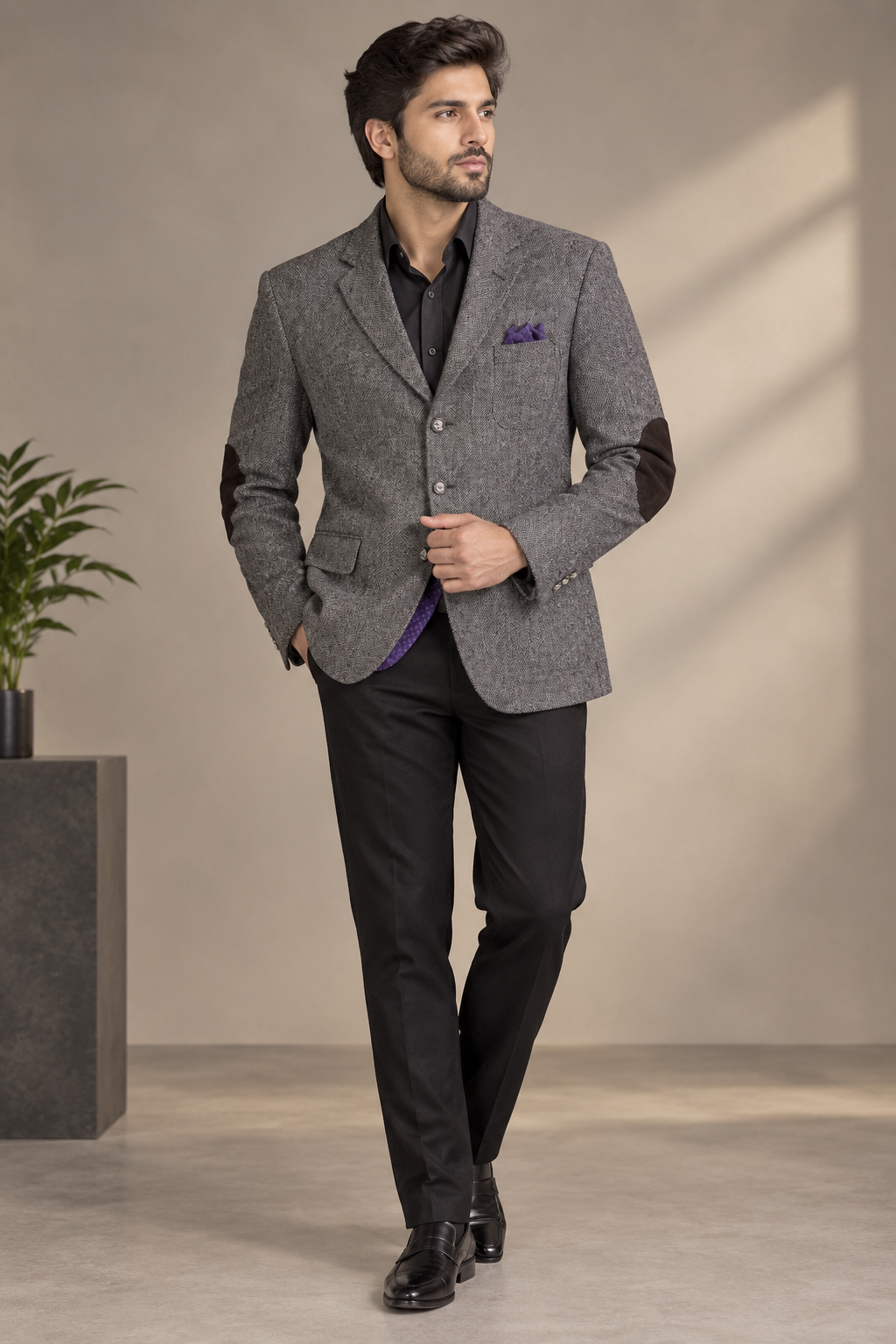 NEXT Men’s Grey Tweed Blazer in UK 2XL. Classic textured design with purple lining, elbow patches and smart tailored styling for formal and casual occasions.