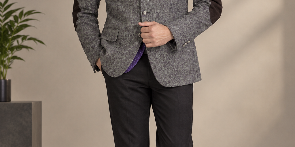 NEXT Men’s Grey Tweed Blazer in UK 2XL. Classic textured design with purple lining, elbow patches and smart tailored styling for formal and casual occasions.