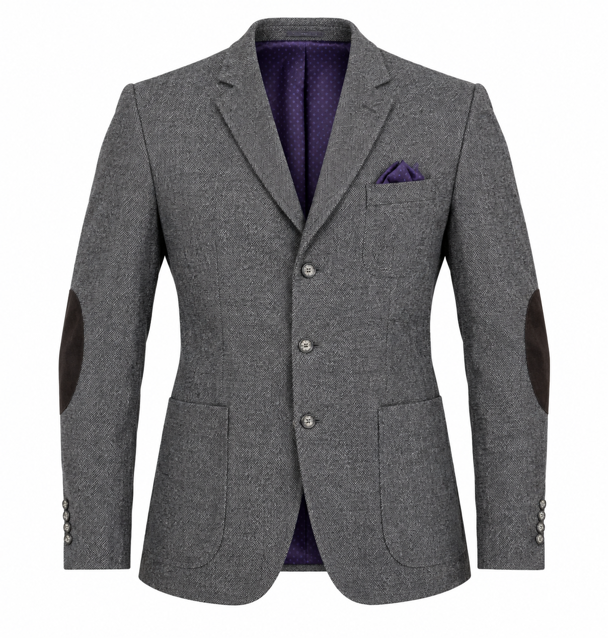 NEXT Men’s Grey Tweed Blazer in UK 2XL. Classic textured design with purple lining, elbow patches and smart tailored styling for formal and casual occasions.