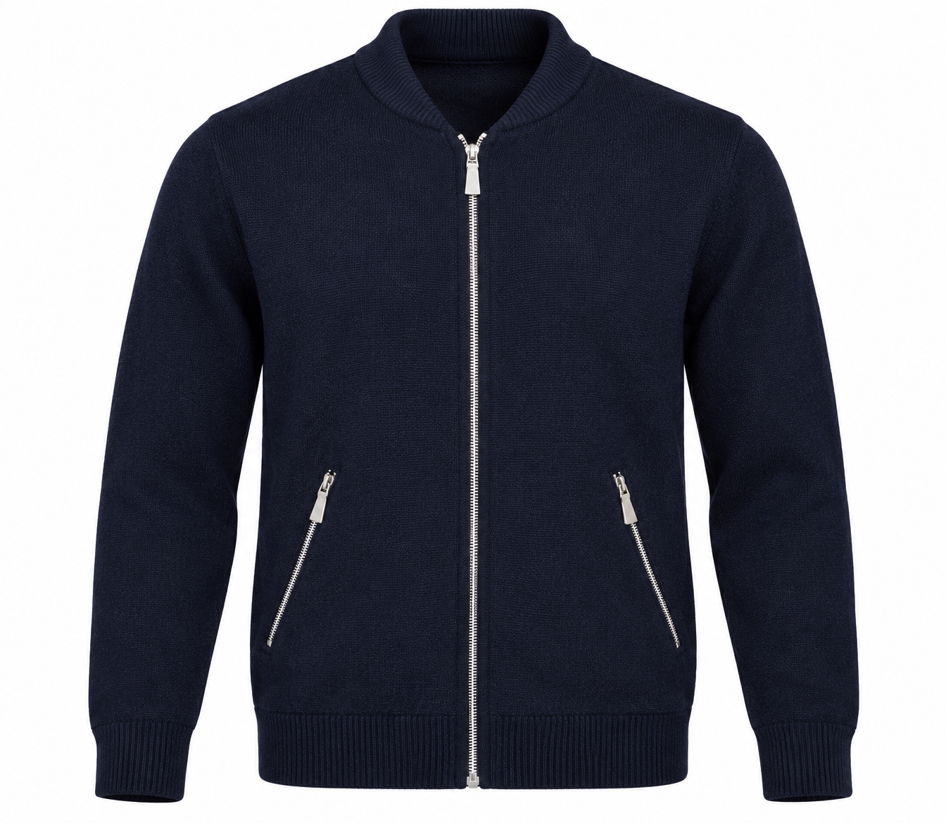 NEXT Men's Navy Blue Knitted Bomber Jacket in UK Size M. Features silver zip fastening, two zipped pockets and ribbed trims. Stylish casual wear.
