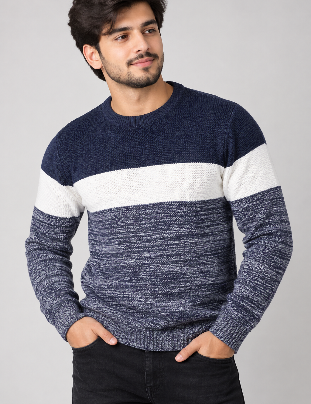 this NEXT Men’s Navy & White Colour Block Knitted Jumper in UK Size L. Stylish crew-neck knit with long sleeves, ideal for casual wear and layering.
