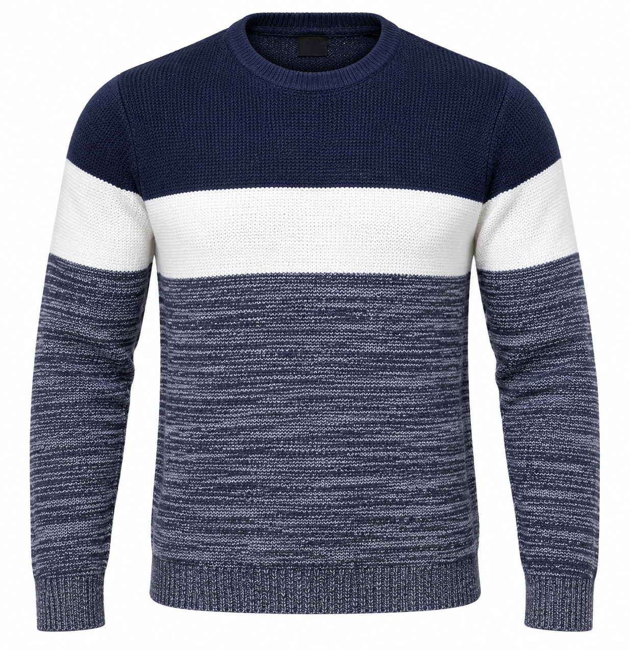 this NEXT Men’s Navy & White Colour Block Knitted Jumper in UK Size L. Stylish crew-neck knit with long sleeves, ideal for casual wear and layering.