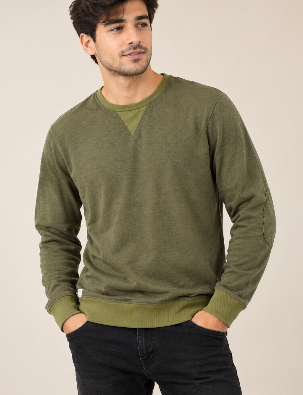   Next men’s olive green crew neck sweatshirt in UK Size S, featuring long sleeves, ribbed trims and stylish elbow detailing. Ideal for casual everyday wear.