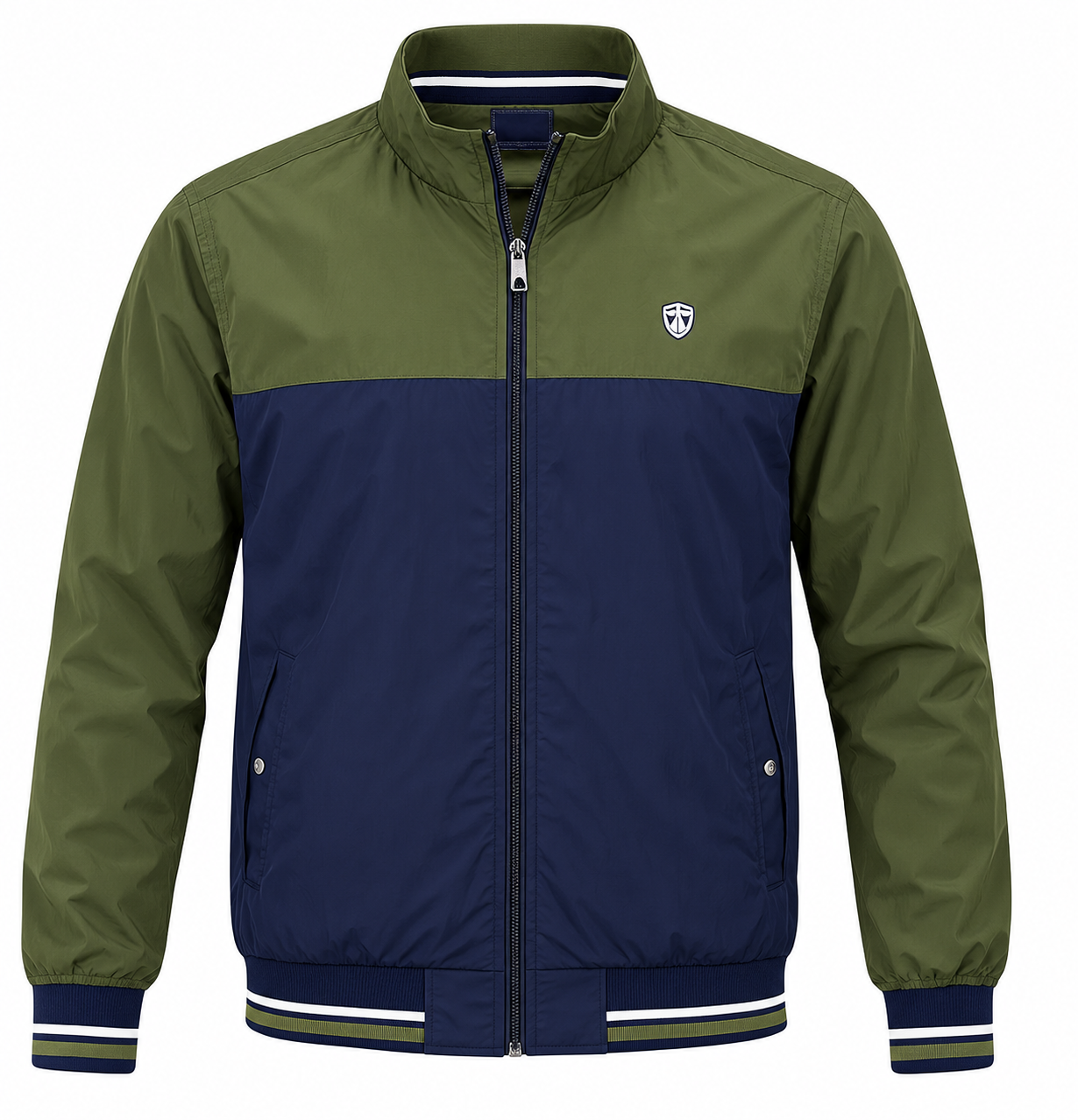 NEXT Men's Olive Green & Navy Blue Colour Block Zip-Up Jacket in UK 4XL, chest 23". Stylish casual outerwear with striped cuffs and pockets.
