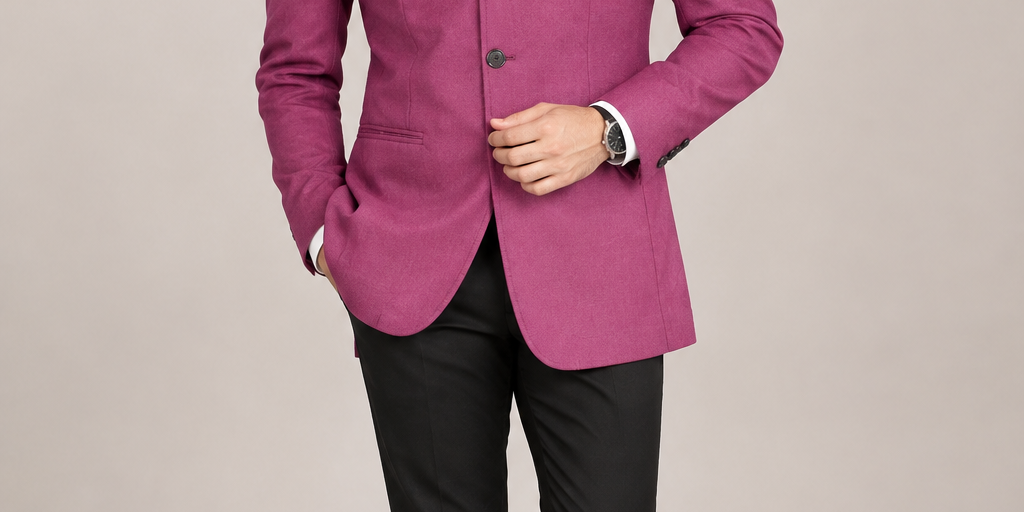   stylish Next men’s magenta tailored blazer in UK size L, featuring a smart formal design, button fastening, pockets and patterned lining. Ideal for weddings, business and special occasions.