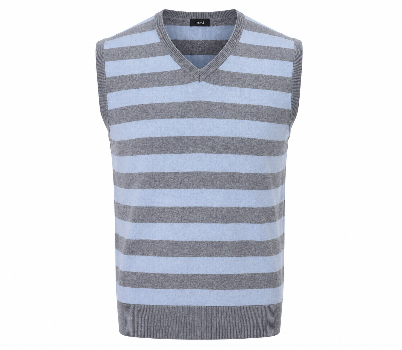 A sleeveless V-neck knit sweater vest with horizontal gray and light blue stripes, shown on a plain white background.