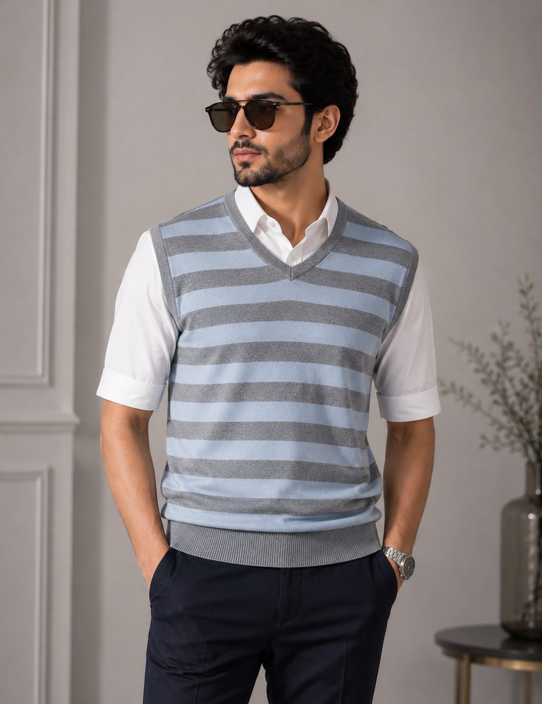 A man wearing a light blue and gray horizontally striped V-neck knit sweater vest over a white short-sleeve collared shirt, paired with dark trousers and sunglasses.