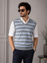 NEXT Men's Blue & Grey Striped V-Neck Sleeveless Sweater