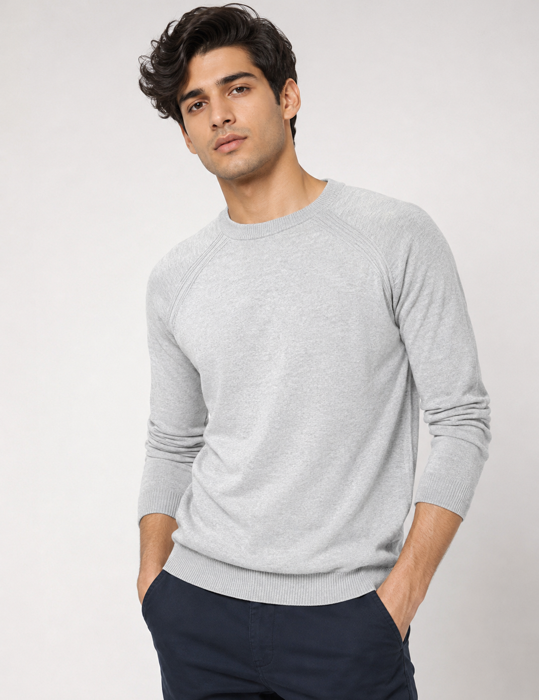 NEXT Men's Light Grey Crew Neck Jumper in UK Size XL. Classic long-sleeve knit design with ribbed trims, perfect for casual and smart-casual everyday outfits.