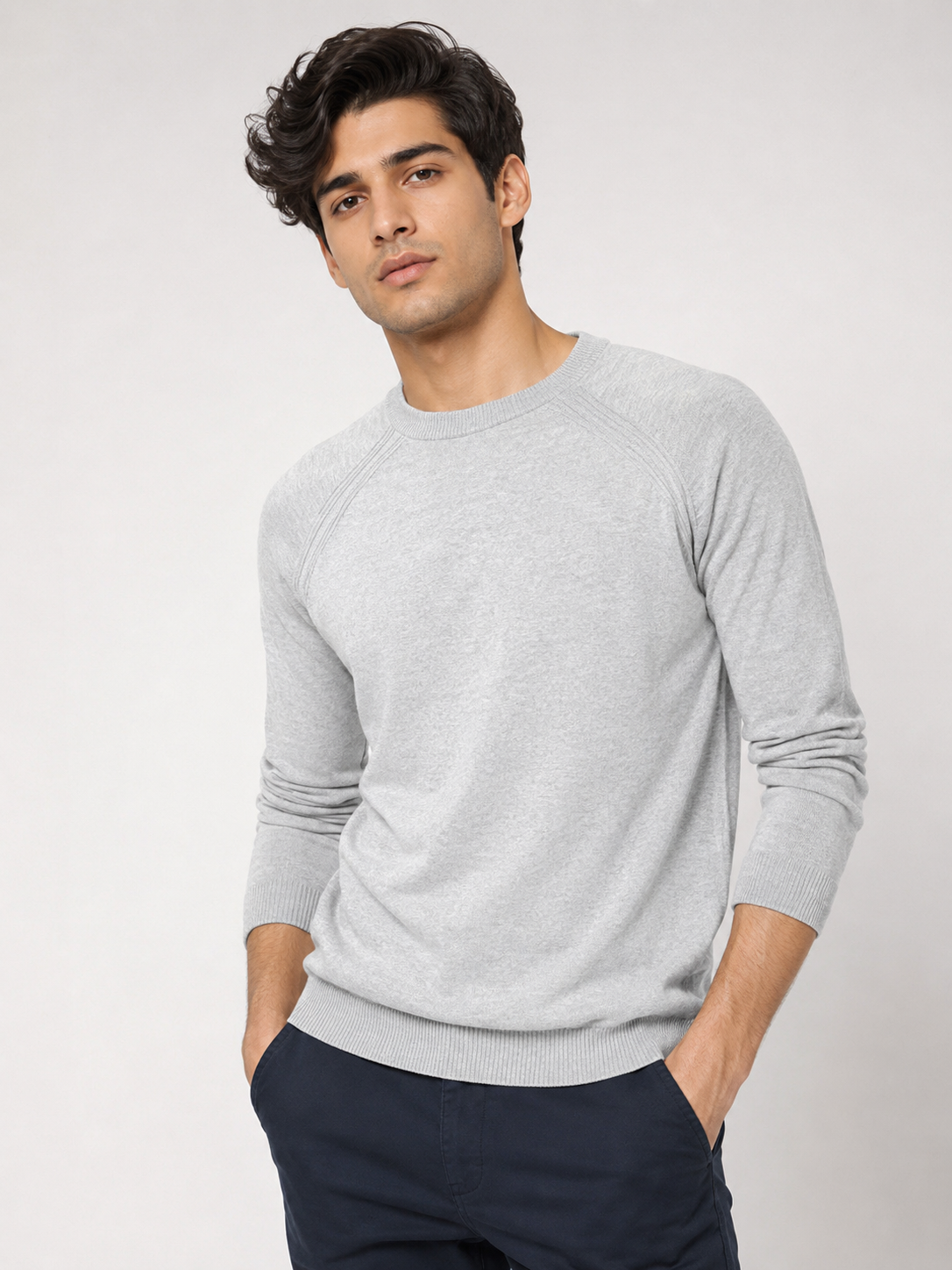 NEXT Men's Light Grey Crew Neck Jumper in UK Size XL. Classic long-sleeve knit design with ribbed trims, perfect for casual and smart-casual everyday outfits.