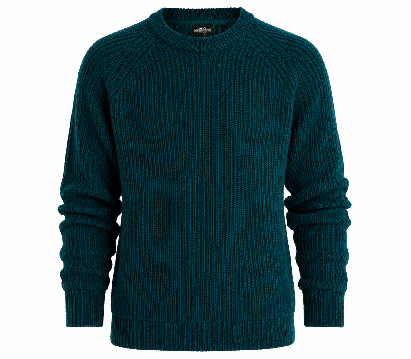 NEXT Men's Teal Ribbed Crew Neck Jumper in UK Size XL. Stylish chunky knit sweater with a classic design, comfortable fit, and versatile winter appeal.
