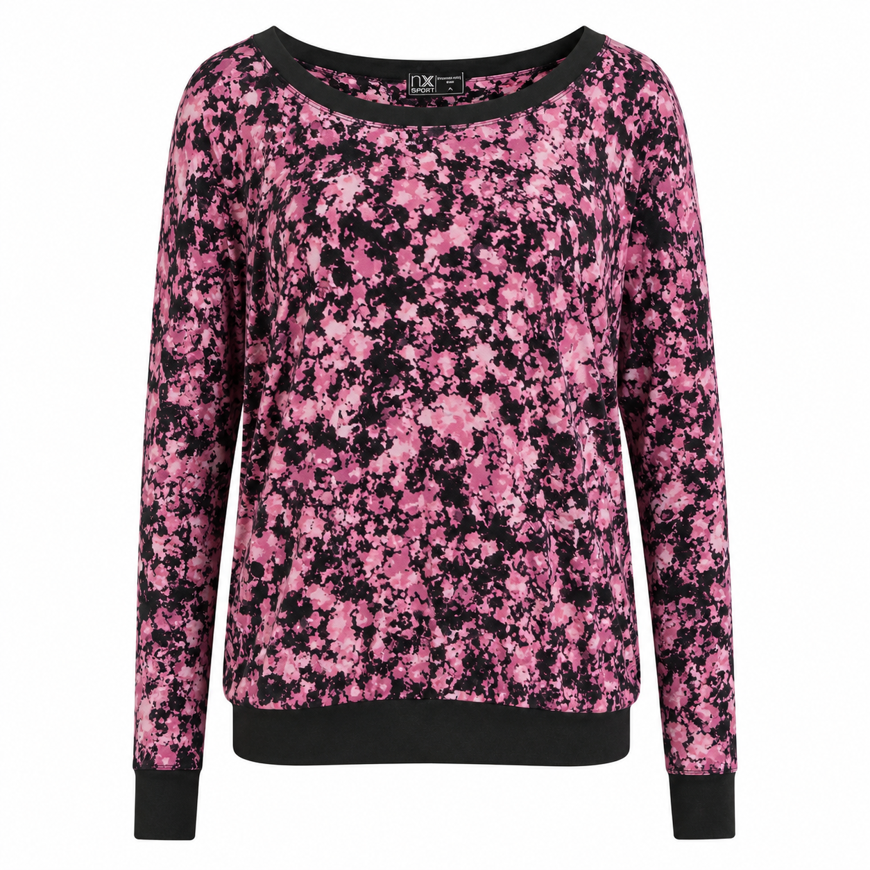 NEXT women's pink and black abstract print sweatshirt in UK Size L. Stylish long-sleeve casual top with black trim, comfortable relaxed fit and eye-catching design.